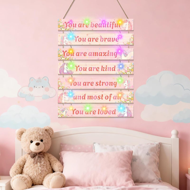 FIOBEE Girls Room Décor for Teen Girls Boys with LED Light Wall Decor for Bedroom Motivational Inspirational Wall Art Girl Room Decoration for Kids Studyroom, 8 Kinds of Lights, Pink Unicorn - Image 4